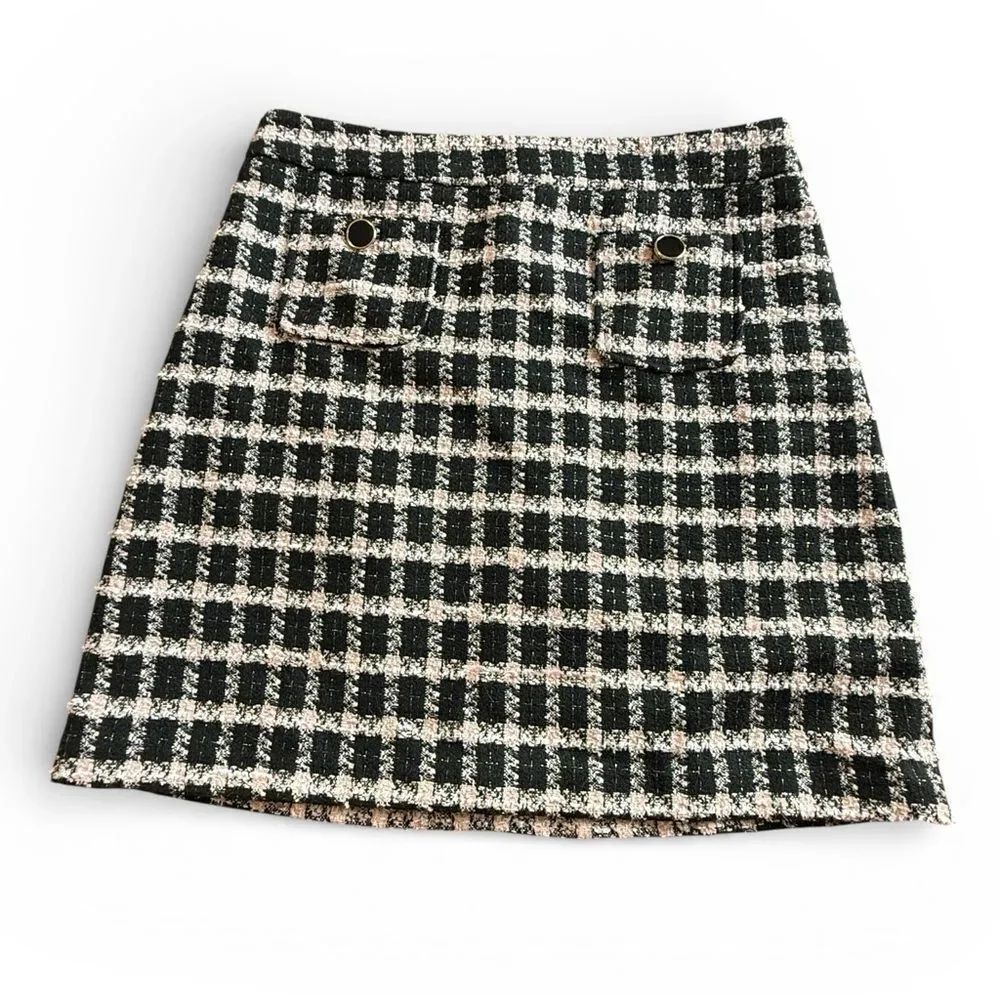Maison D’Amelie Paris Plaid Pink Black Tweed Mini Skirt Pockets Metallic Thread